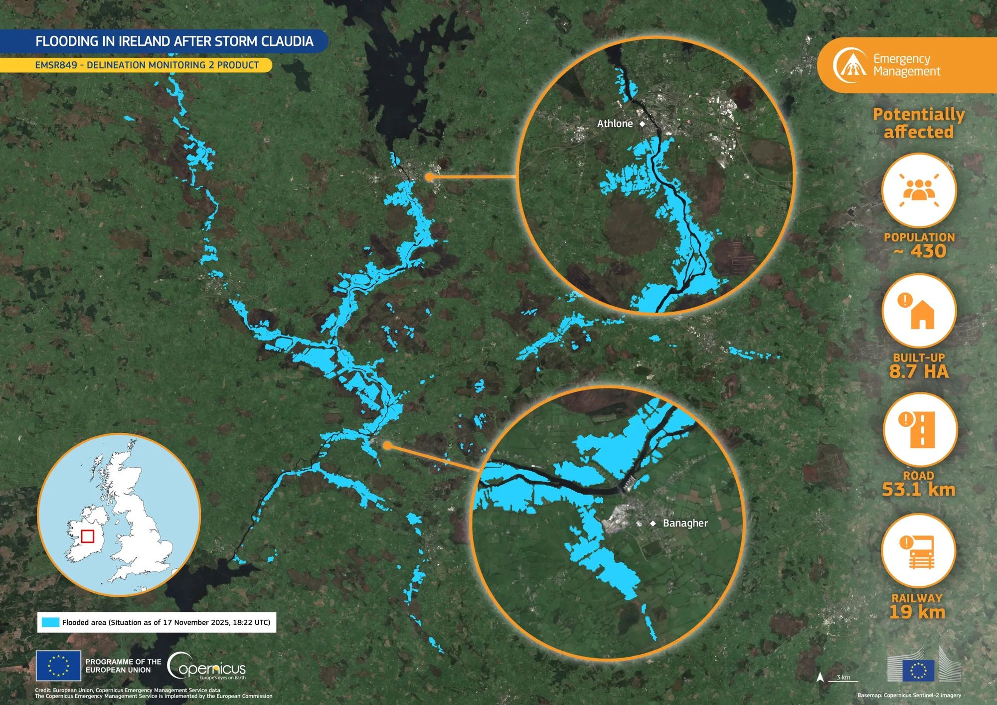 Copernicus Emergency Management Service map of flooding along the River Shannon after Storm Claudia, with insets of Athlone and Banagher.