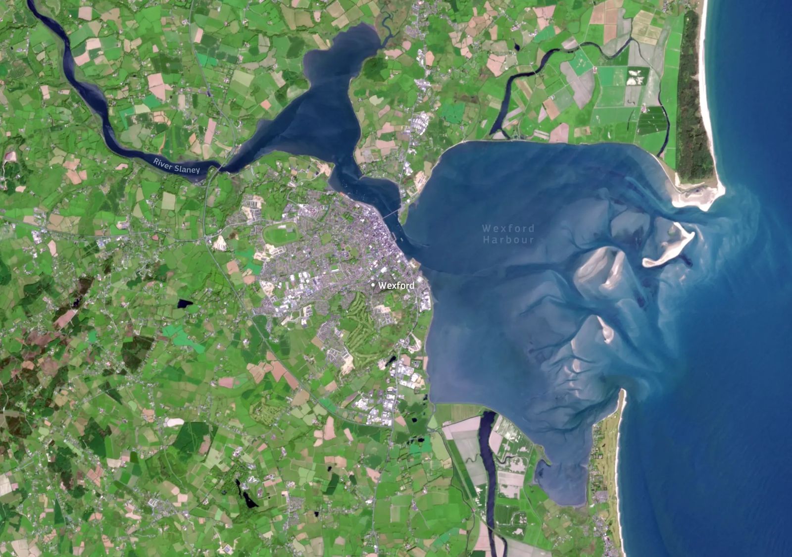 Sentinel-2 image of Wexford Harbour with sediment patterns, sandbanks and the River Slaney.